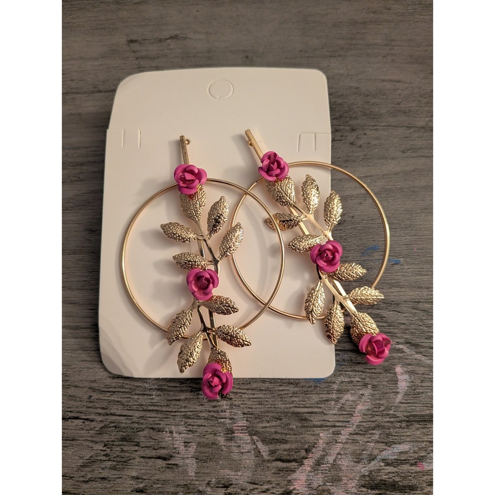 Gold Tone Pink Rose Flower Leaf Hoop Earrings Botanical Statement Jewelry